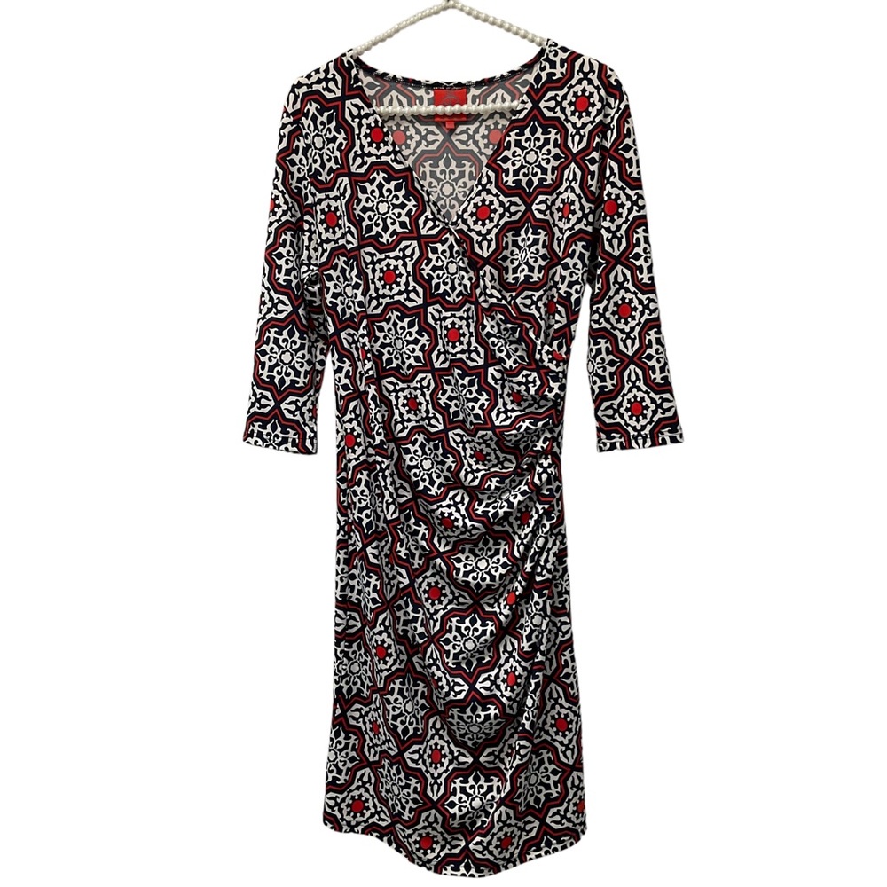 Tracy Negoshian Faux Wrap Red and Navy Geo Print Dress XS